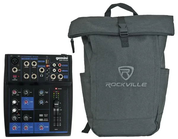 Gemini GEM-05USB Compact 5 Ch. Bluetooth Mixer w/USB/2 Bus/2 Band EQ+Backpack