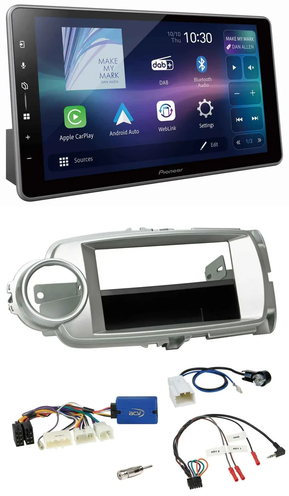 Автомагнитола Pioneer для Toyota Yaris 2011–2014, Bluetooth, USB, DAB, поддержка кнопок на руле, серебристый