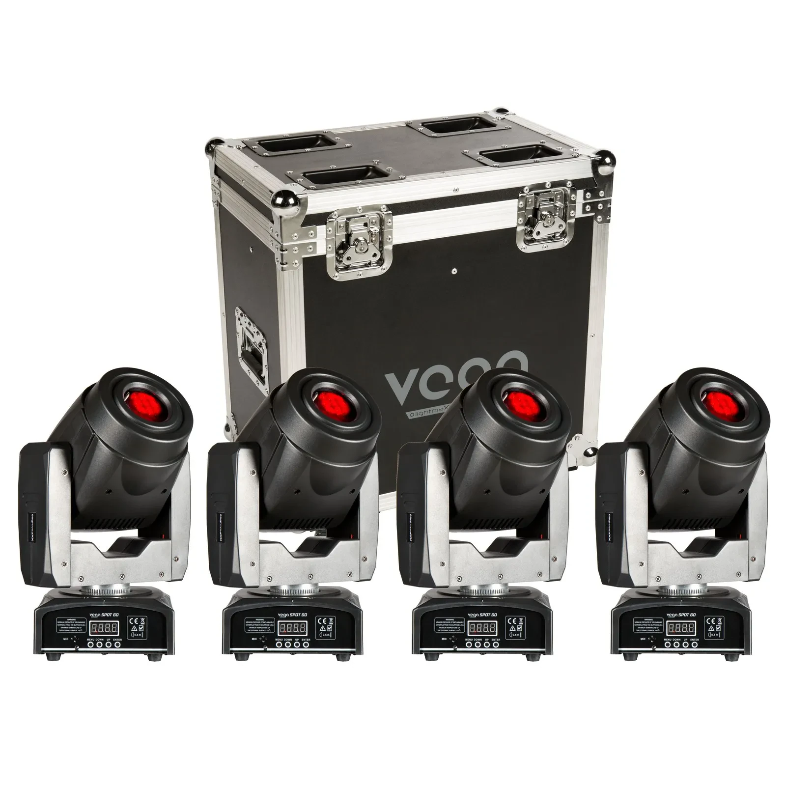 LightmaXX Vega Spot 60 LED Moving Heads Set 7 Farben 5 Gobos 4er Tour Case