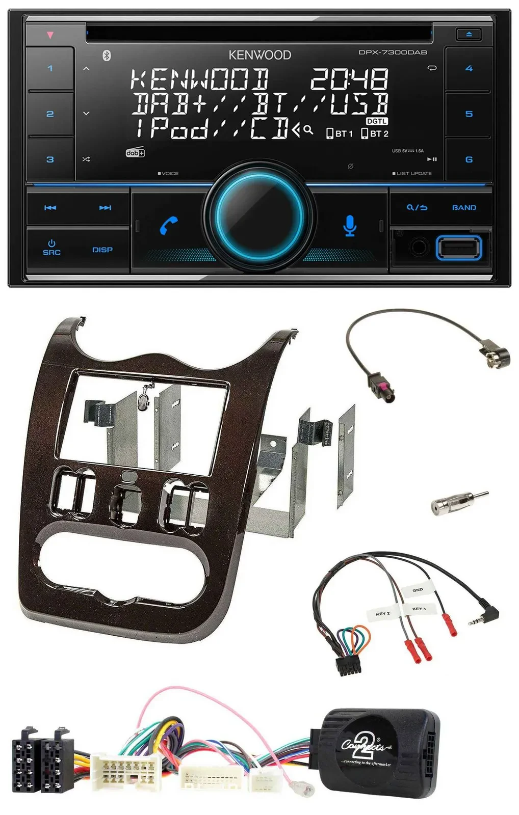 Kenwood CD 2DIN DAB USB Lenkrad Bluetooth Autoradio für Dacia ab 12 dunkelbraun