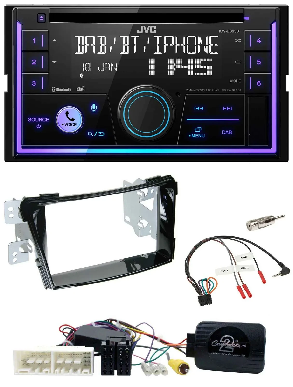 Автомагнитола JVC 2DIN, DAB, Bluetooth, CD, USB для Hyundai i40 (с 2016), черный глянец, поддержка управления на руле