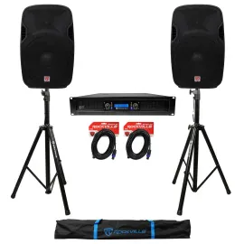 (2) Rockville SPGN154 15" 1600W DJ PA Speakers+Power Amplifier+Stands+Cables