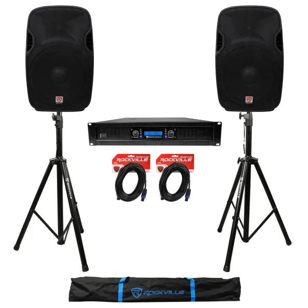 (2) Rockville SPGN154 15" 1600W DJ PA Speakers+Power Amplifier+Stands+Cables