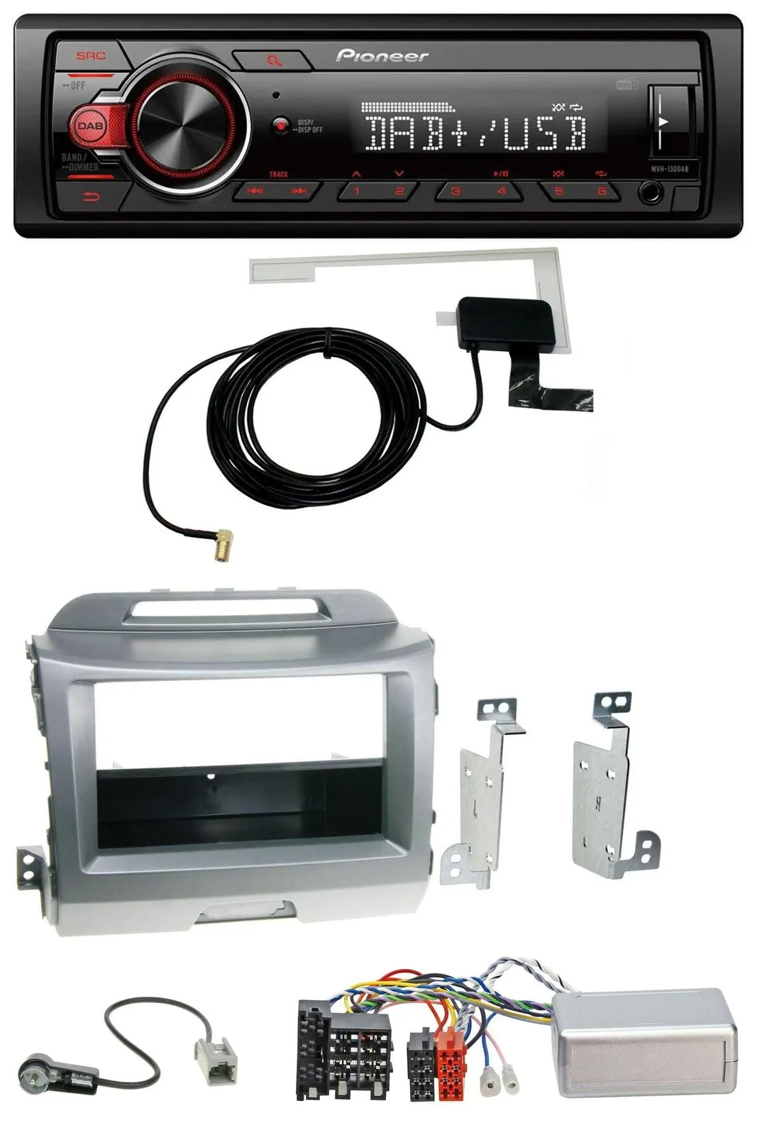 Автомагнитола Pioneer 1-DIN MP3 DAB USB для Kia Sportage 3 (2010–2015), серебристая, с поддержкой управления на руле