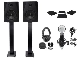 Pair Rockville DPM5B 5.25" 300w Active Studio Monitors+Stands+Headphones+Mic