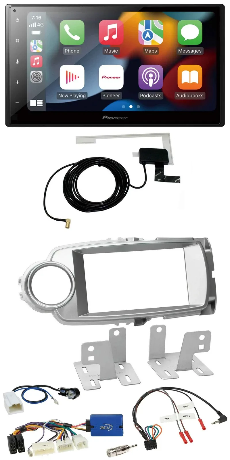 Автомагнитола Pioneer 2DIN USB Bluetooth DAB для Toyota Yaris 2011–2014, серебристая