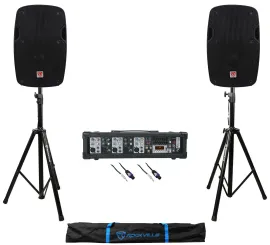 (2) Rockville SPG88 8" 400w DJ PA Speakers+5-Channel Powered Mixer+Stands+Cables