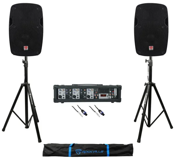 (2) Rockville SPG88 8" 400w DJ PA Speakers+5-Channel Powered Mixer+Stands+Cables