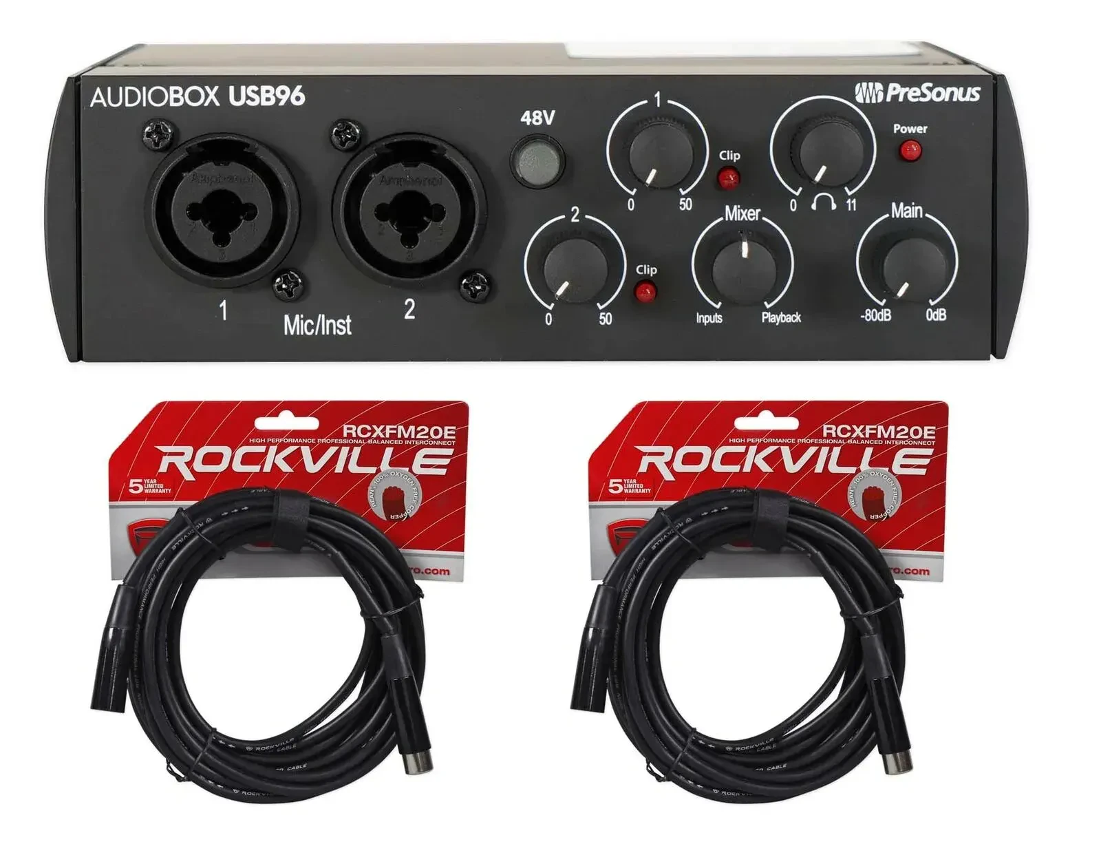 Аудиоинтерфейс PreSonus AUDIOBOX 96 2x2, USB 2.0, питание от USB, черный (набор, с кабелями)