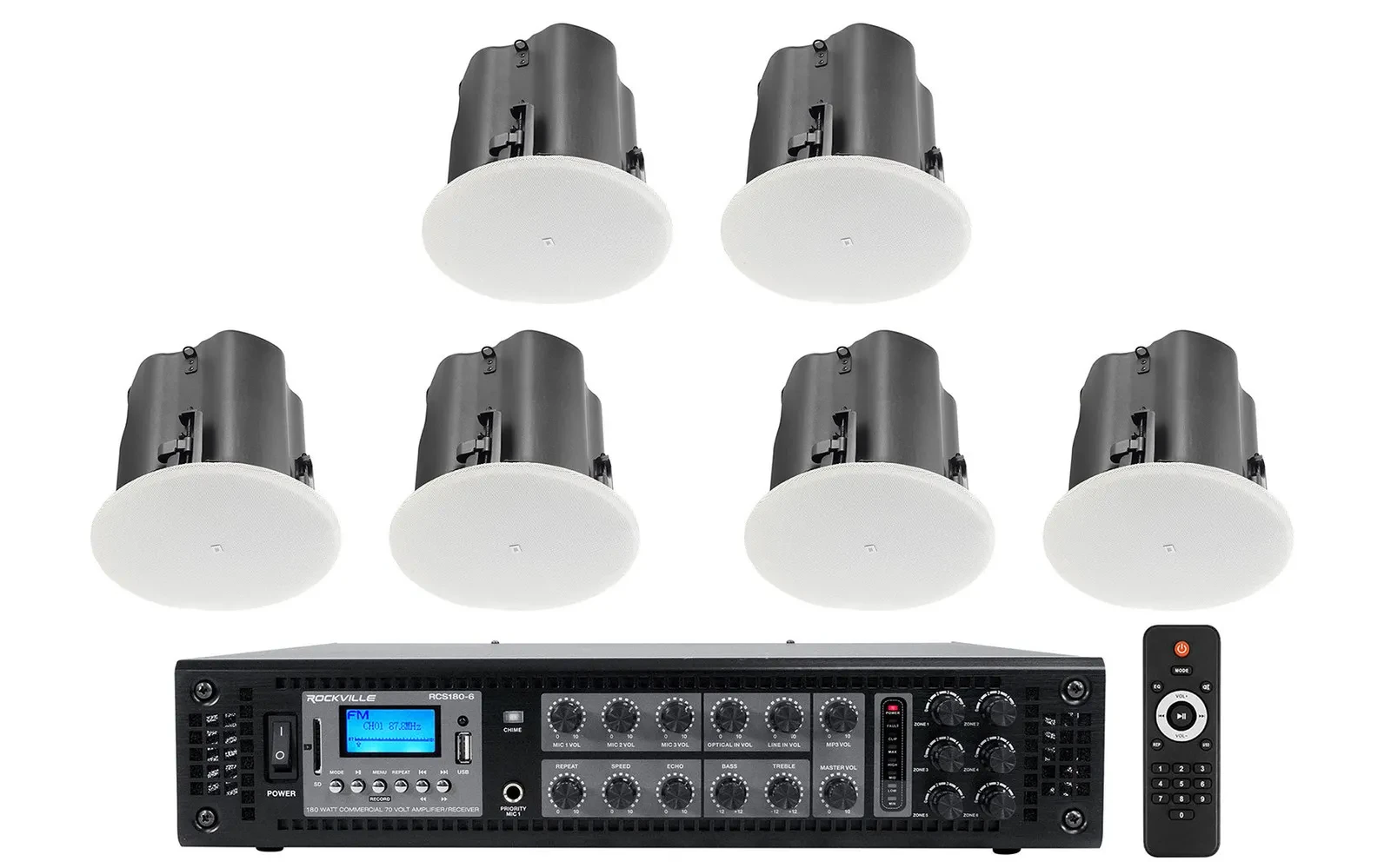 Потолочная акустика для ресторанов/баров JBL Control 14C/T 4" 70V (набор, 6 шт.) с усилителем RCS180-6