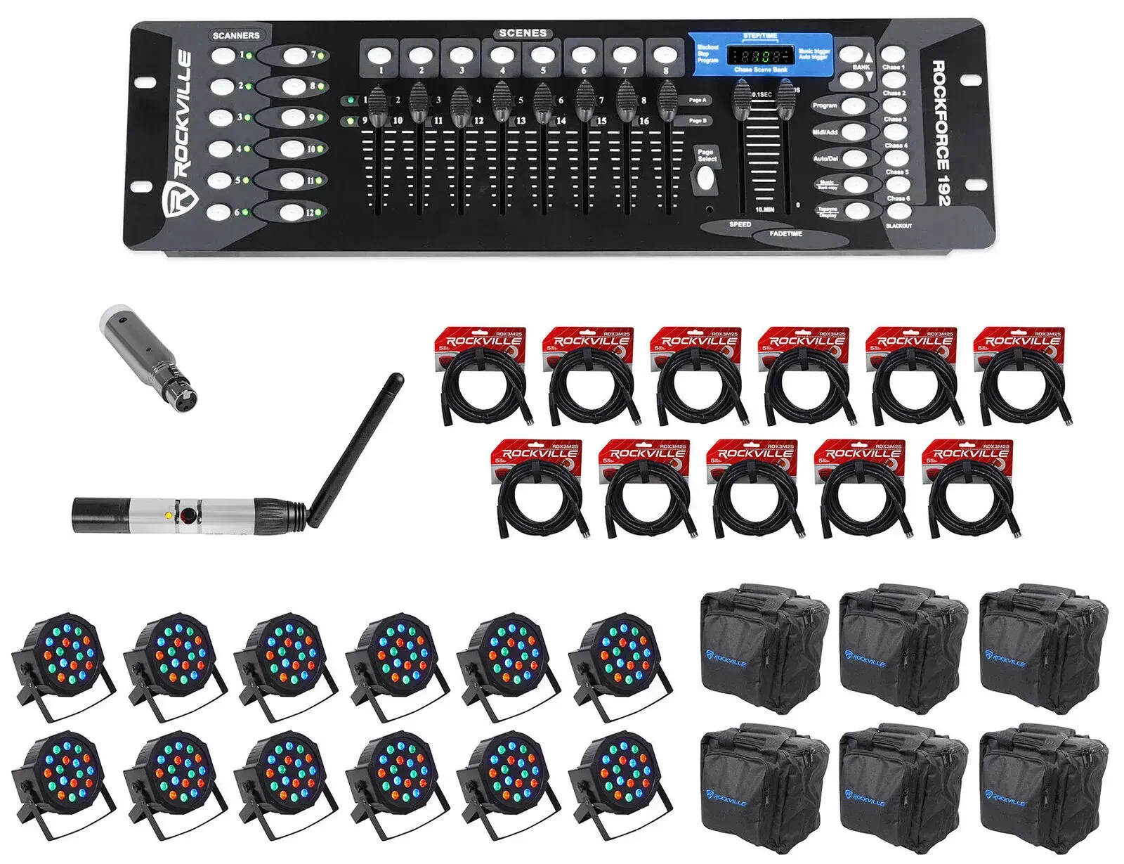 Комплект светового оборудования Rockville ROCKFORCE192+DMX-WTR+DMX-WRE+RockPAR50+RLB90+RDX3M25