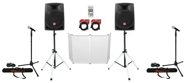 (2) Rockville RPG12 12" Powered 800w DJ PA Speakers+LED Stands+Facade+(2) Mics