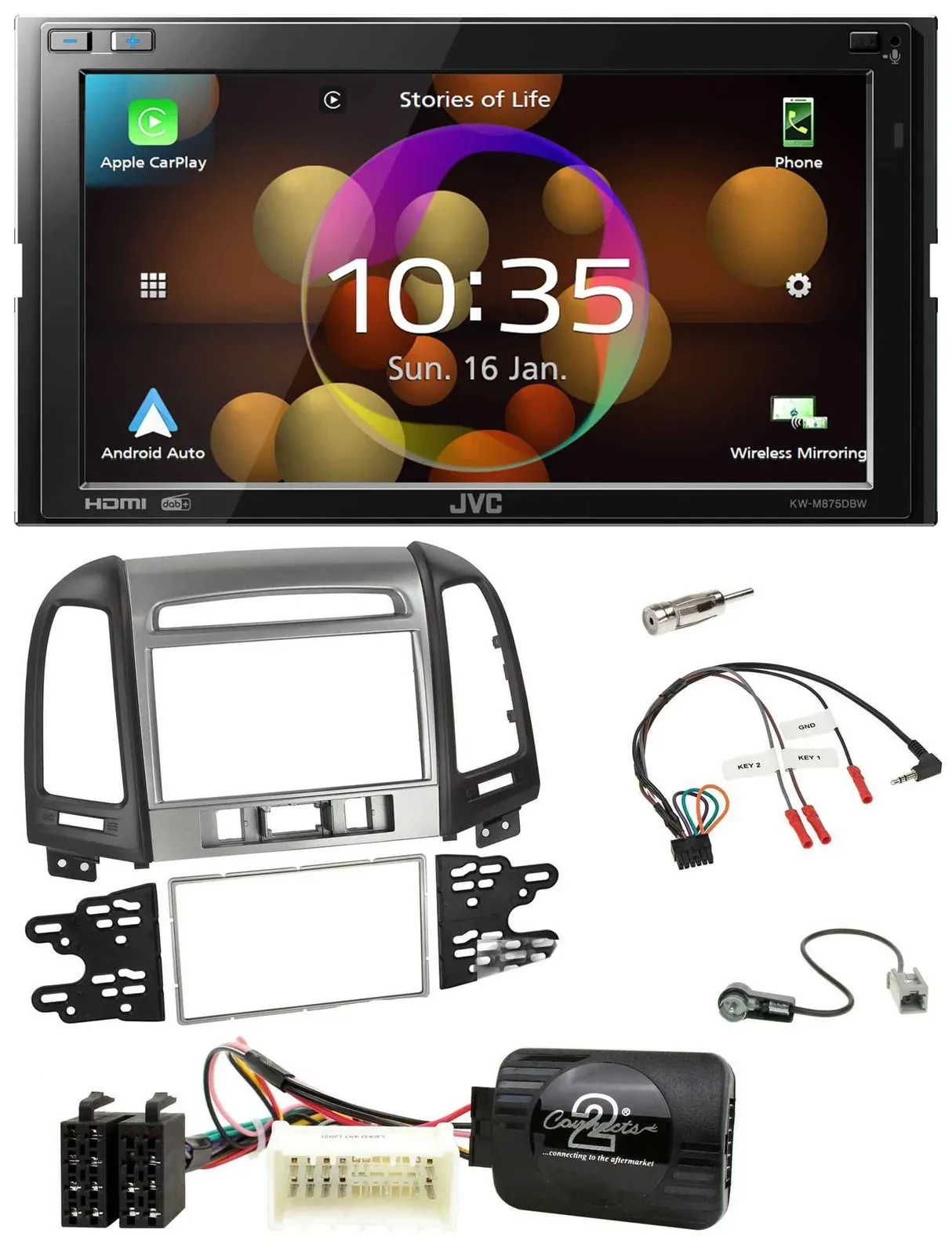 JVC DAB Lenkrad 2DIN Bluetooth USB Autoradio für Hyundai Santa Fe 3 Schalter 200