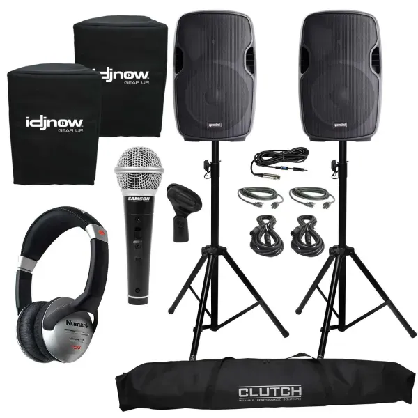 Gemini AS-1500BLU 15" PA/DJ Speakers Pair + Mic + Headphones + Stands + Covers