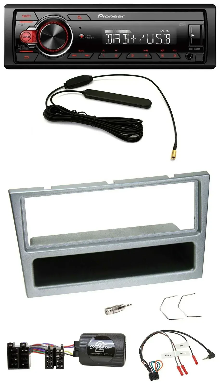 Автомагнитола для Opel Corsa C (2000–2004) Pioneer 1DIN, DAB, MP3, USB, управление с руля, серебристая