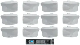 (12) Rockville WET-44 PRO Dual 4" 4-Way Swivel 70V White Commercial Speakers+Amp