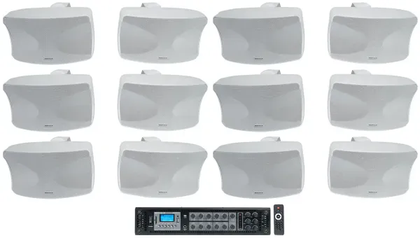 (12) Rockville WET-44 PRO Dual 4" 4-Way Swivel 70V White Commercial Speakers+Amp