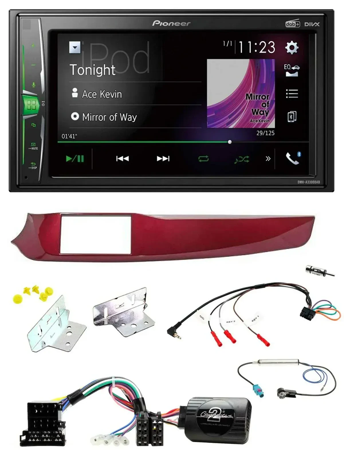 Автомагнитола для Alfa Romeo Giulietta (тип 940, 2010) Pioneer 2DIN, DAB, USB, Bluetooth, поддержка управления на руле, красный