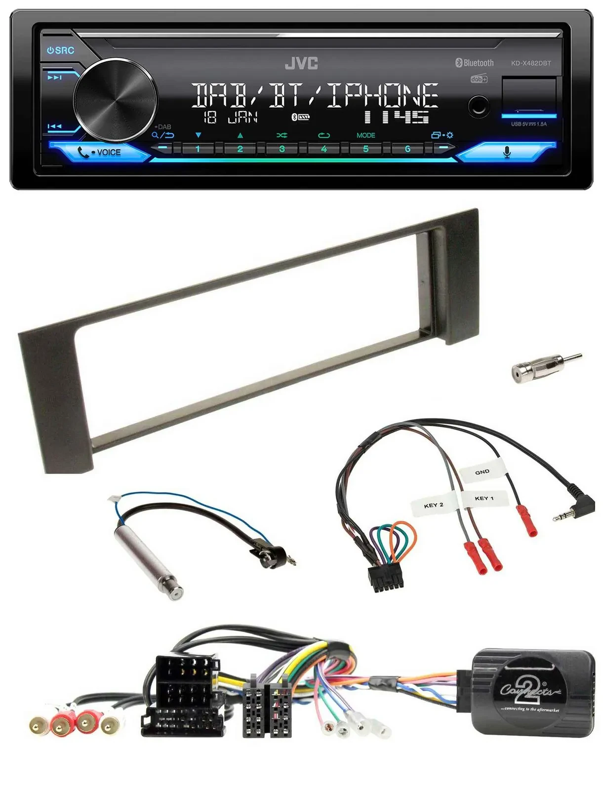 JVC Bluetooth DAB USB Lenkrad Autoradio für Audi A4 00-09 ISO Fakra teilaktiv
