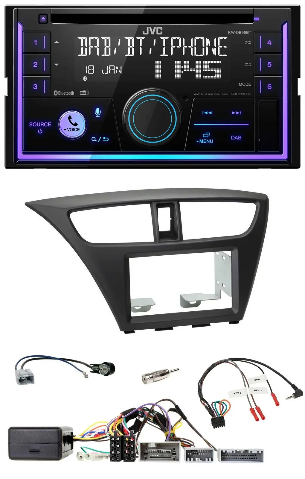 JVC Lenkrad USB 2DIN DAB Bluetooth CD Autoradio für Honda Civic ab 12 schwarz