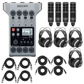 Zoom PodTrak P4 Podcast Recorder, Bundle with 4x Broadcast Mics, 4x Headphones,