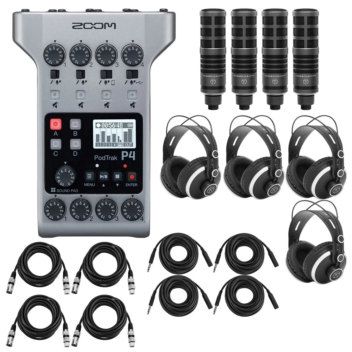 Zoom PodTrak P4 Podcast Recorder, Bundle with 4x Broadcast Mics, 4x Headphones,