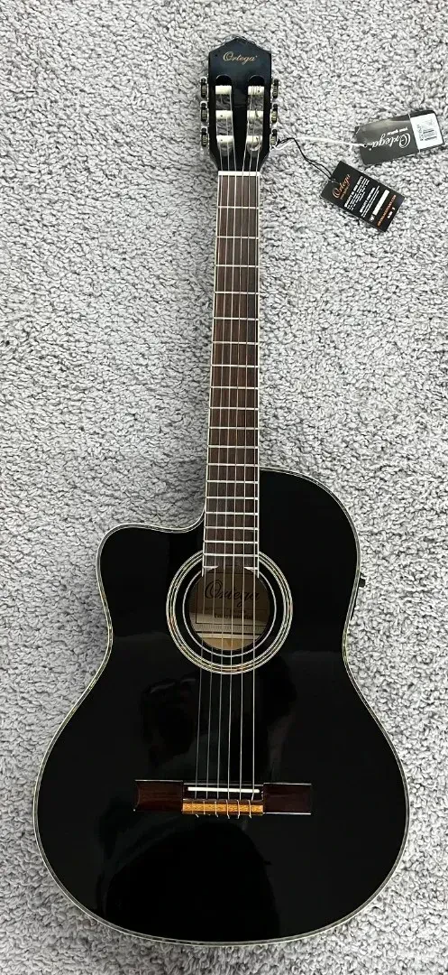 Ortega RCE145LBK Black Lefty Slim Neck Elec/Acou Classical Guitar  - Blem #XZ46