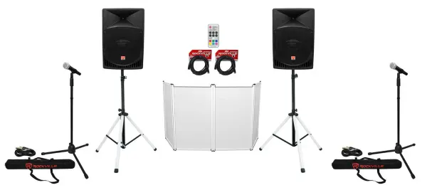 2) Rockville RPG15 15" Powered 1000w DJ PA Speakers+LED Stands+Facade+(2) Mics