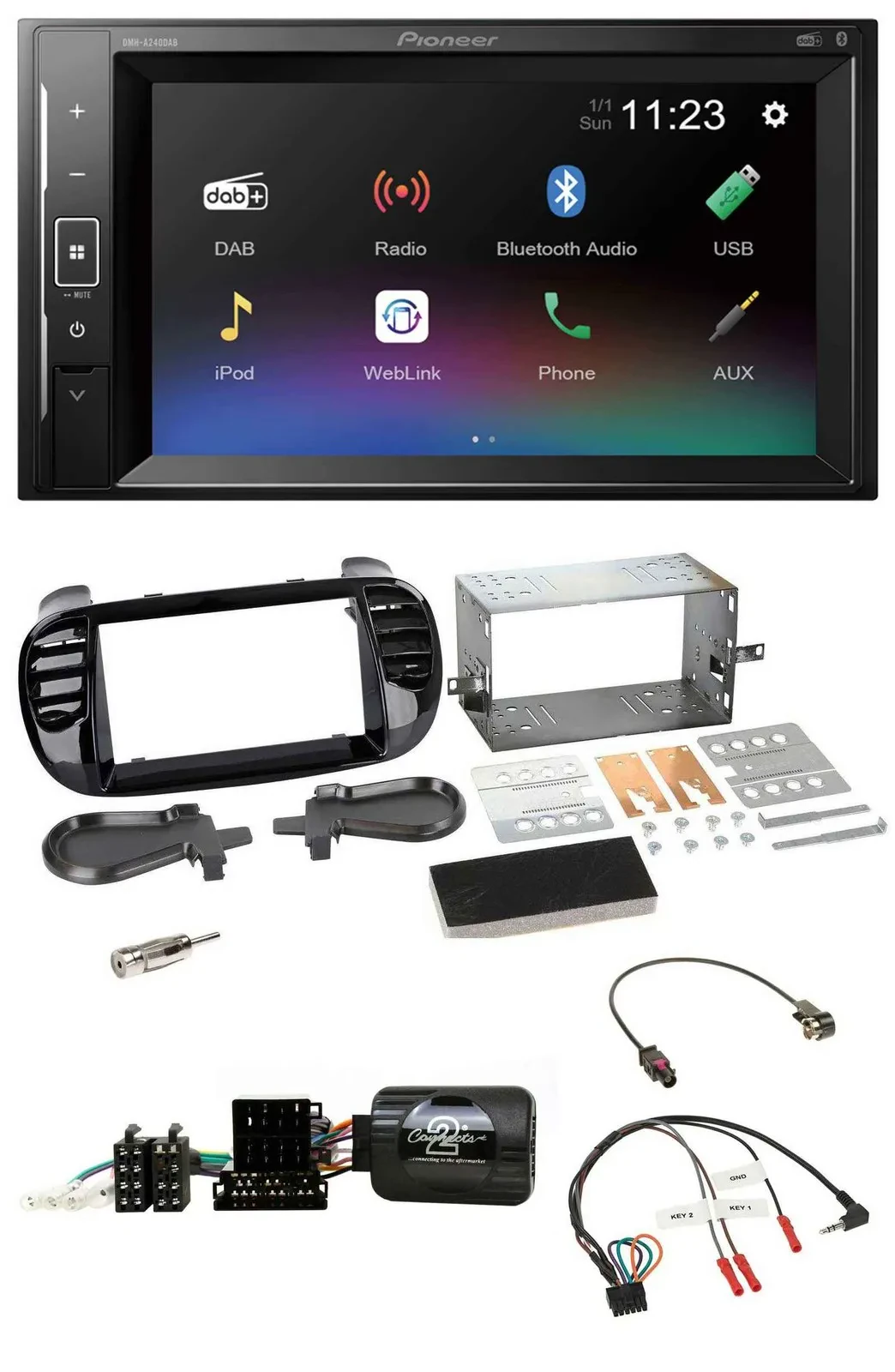 Pioneer DAB Lenkrad 2DIN Bluetooth USB Autoradio für Fiat 500 Fakra 08-15 schwar