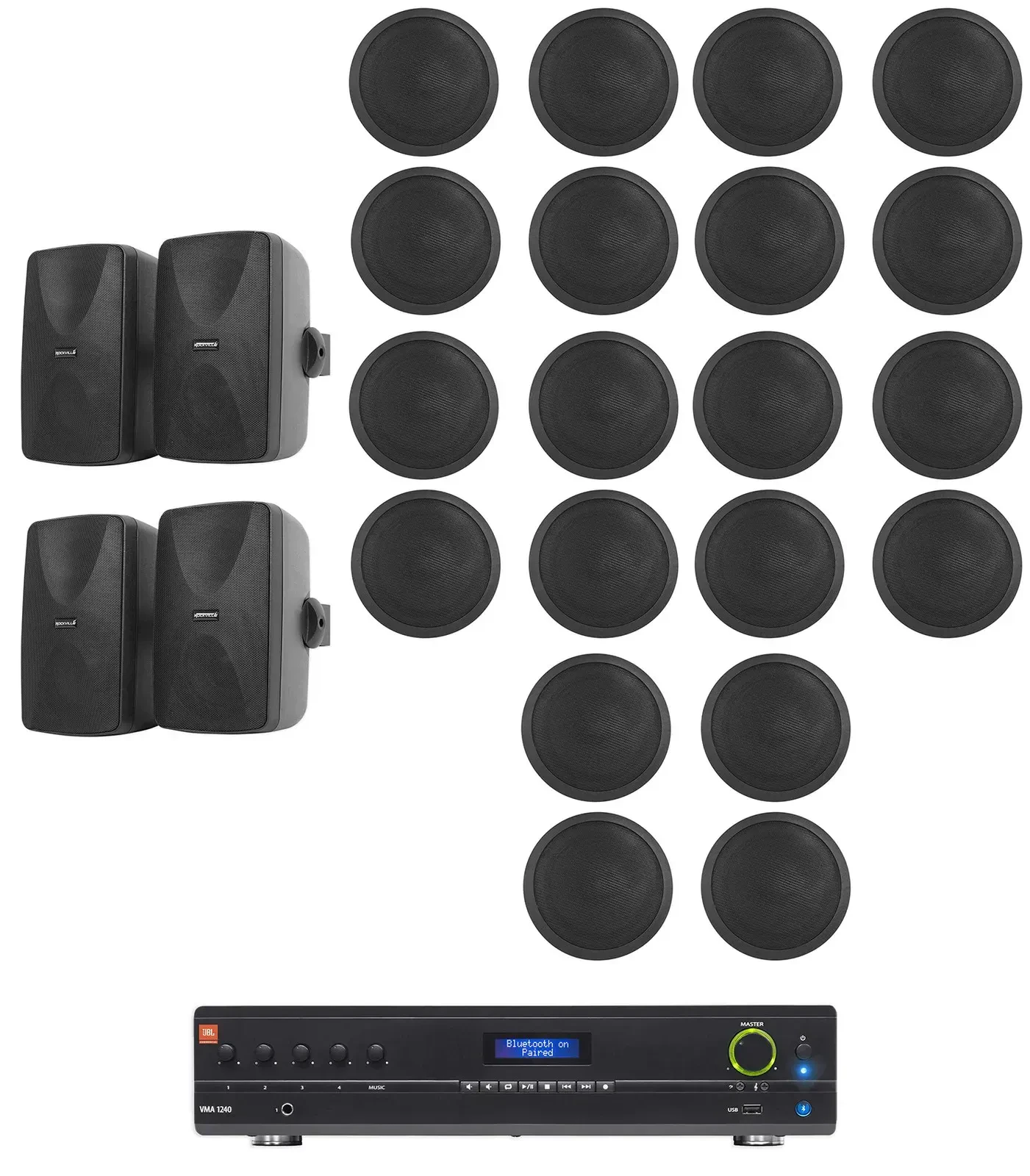 JBL VMA1240 Commercial/Restaurant Receiver+4) Wall+20) Ceiling Speakers in Black