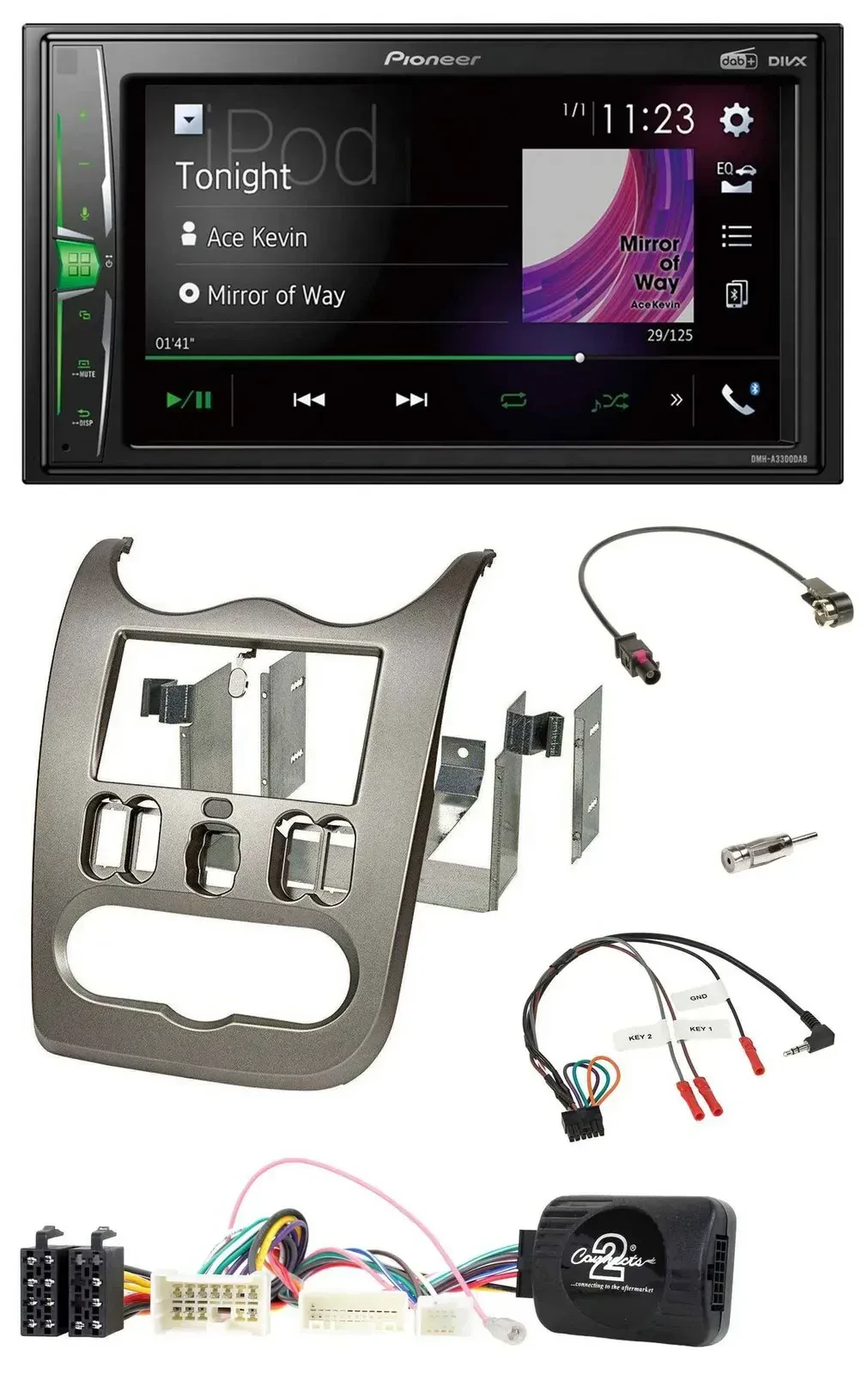 Автомагнитола для Dacia (с 2012) Pioneer 2DIN DAB USB Bluetooth, темно-серый, управление с руля