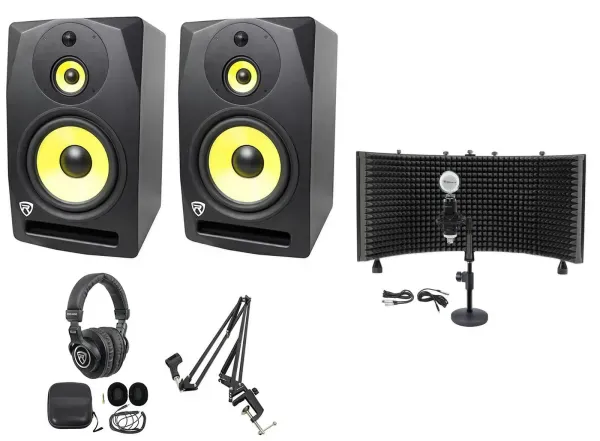 (2) Rockville DPM10B 10" 800w Active Studio Monitors+Headphones+Mic+Shield+Boom