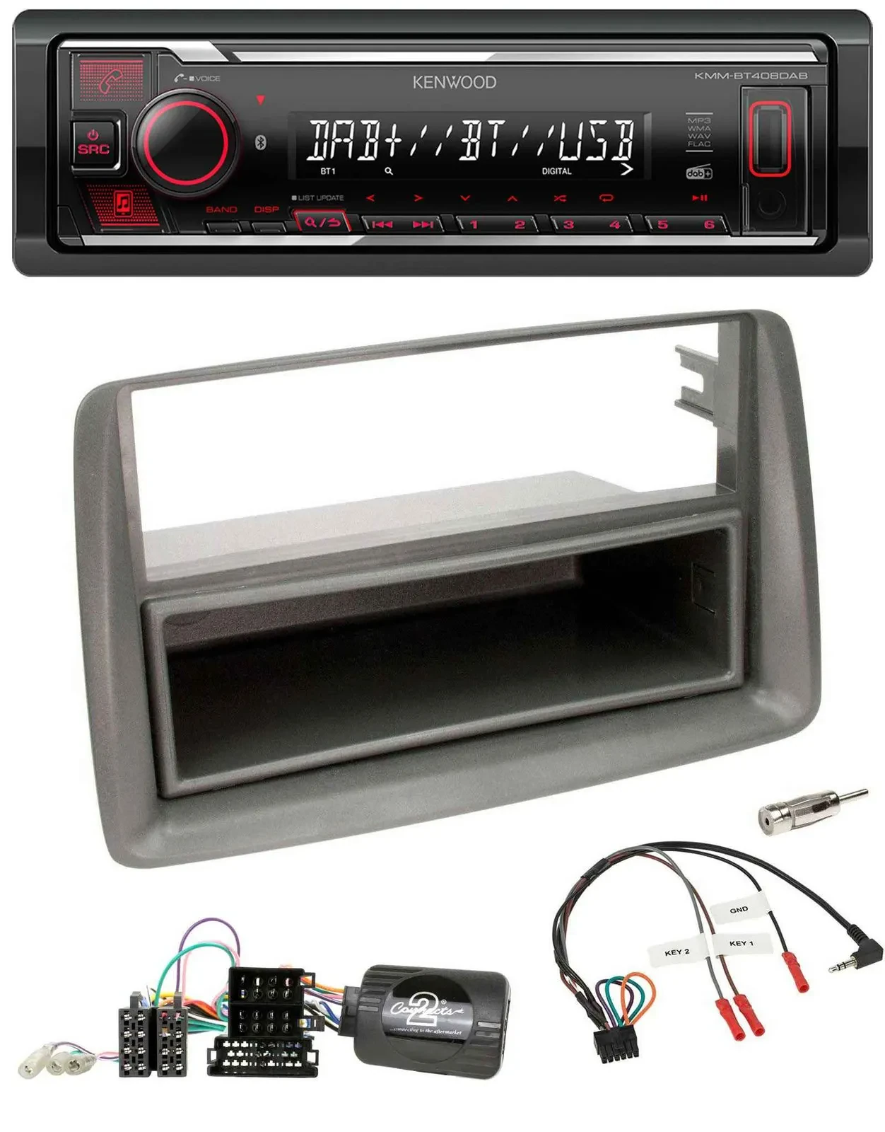 Kenwood Lenkrad Bluetooth USB DAB Autoradio für Fiat Panda 169 2007-2012 grau