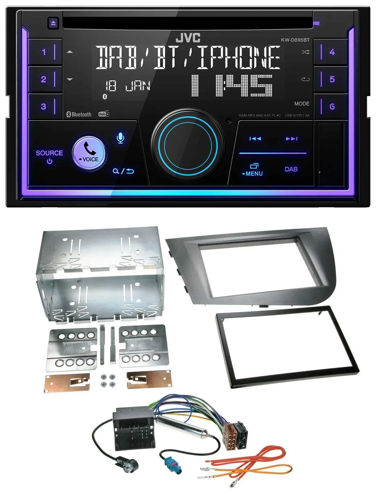 Автомагнитола JVC 2-DIN, DAB, Bluetooth, CD, MP3, серебристая, для Seat Leon 2005–2009