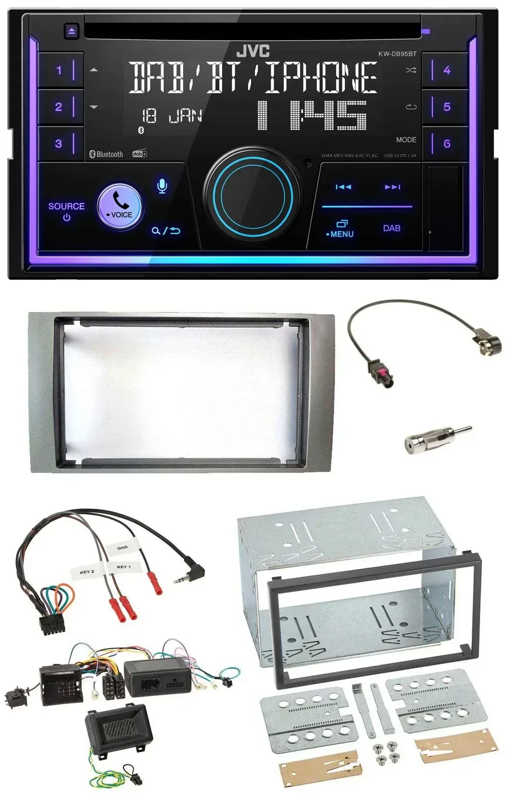 Автомагнитола для Ford Kuga (2008–2012) JVC 2-DIN, CD, DAB, Bluetooth, USB, серебристая