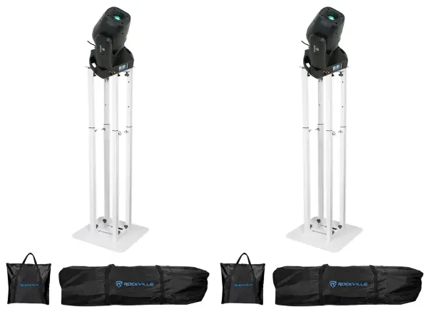 2) Rockville ROCK SPOT 260W DJ Moving Head Spot Lights+8 ft. White Totem Stands