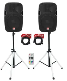 (2) Rockville SPGN128 12" Passive 1200w DJ PA Speakers+LED Stands+Remote+Cables