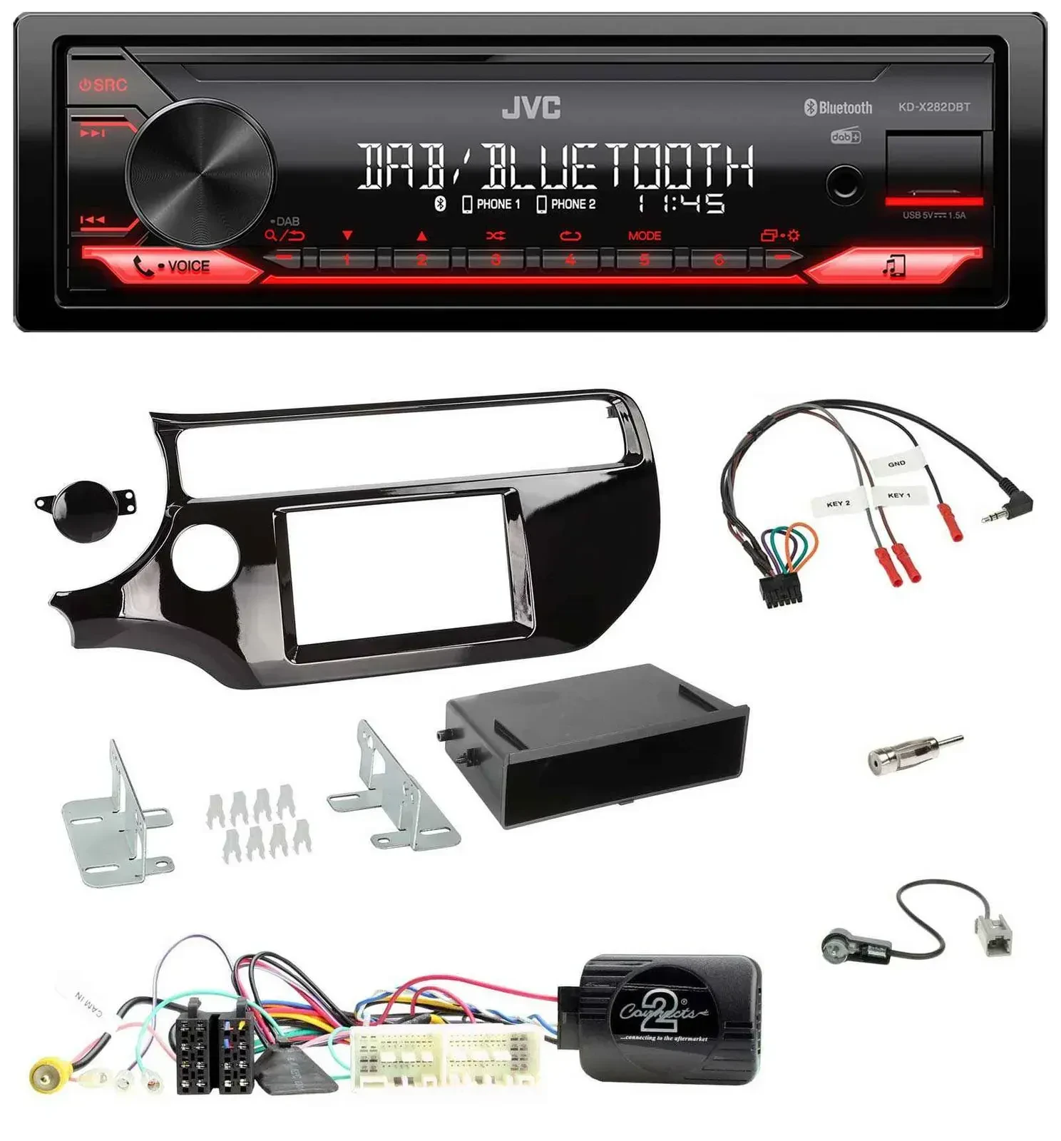 Автомагнитола JVC Bluetooth, USB, DAB для Kia Rio (UB) 2017–2023, поддержка кнопок на руле, черный глянец