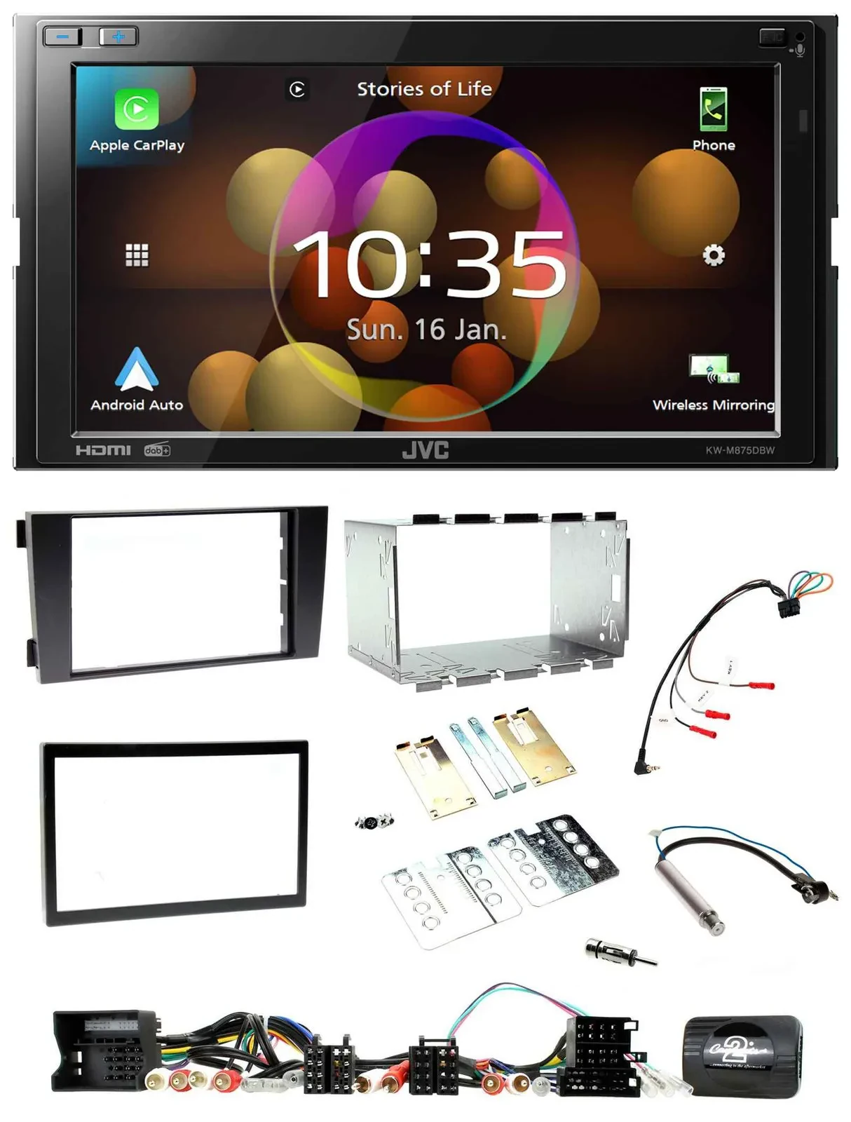 Автомагнитола для Audi A6 C5 (2001–2004) JVC 2DIN, DAB, Bluetooth, USB, поддержка управления с руля