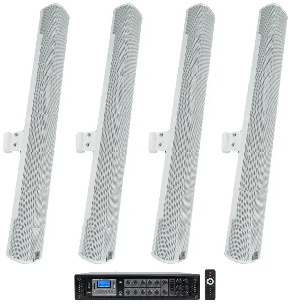 (4) JBL COL800-WH 32" White 70V Commercial Column Wall Mount Array Speakers+Amp