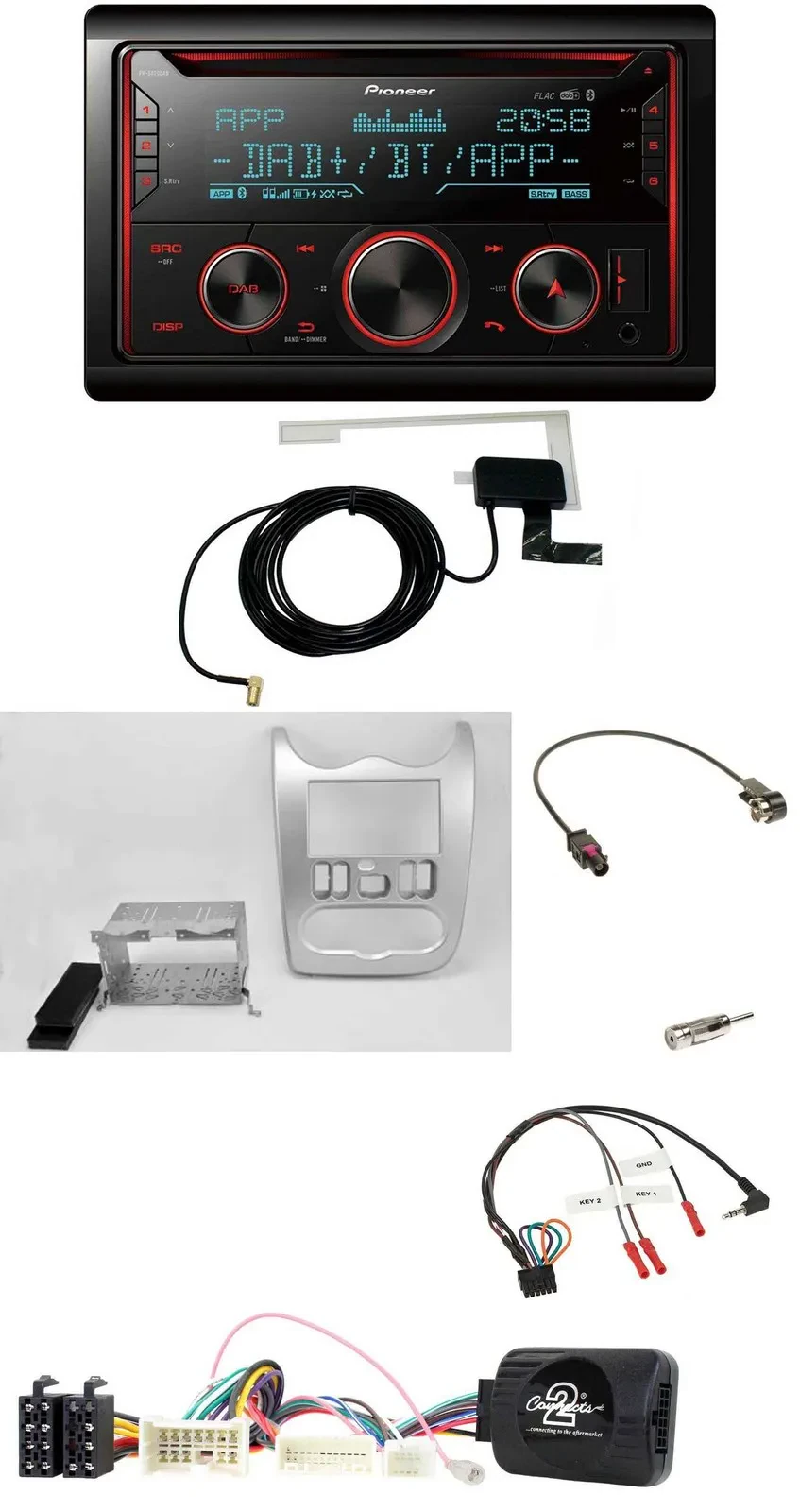 Автомагнитола Pioneer 2DIN DAB USB CD Bluetooth, поддержка управления на руле, для Dacia (с 2012), цвет светло-серебристый