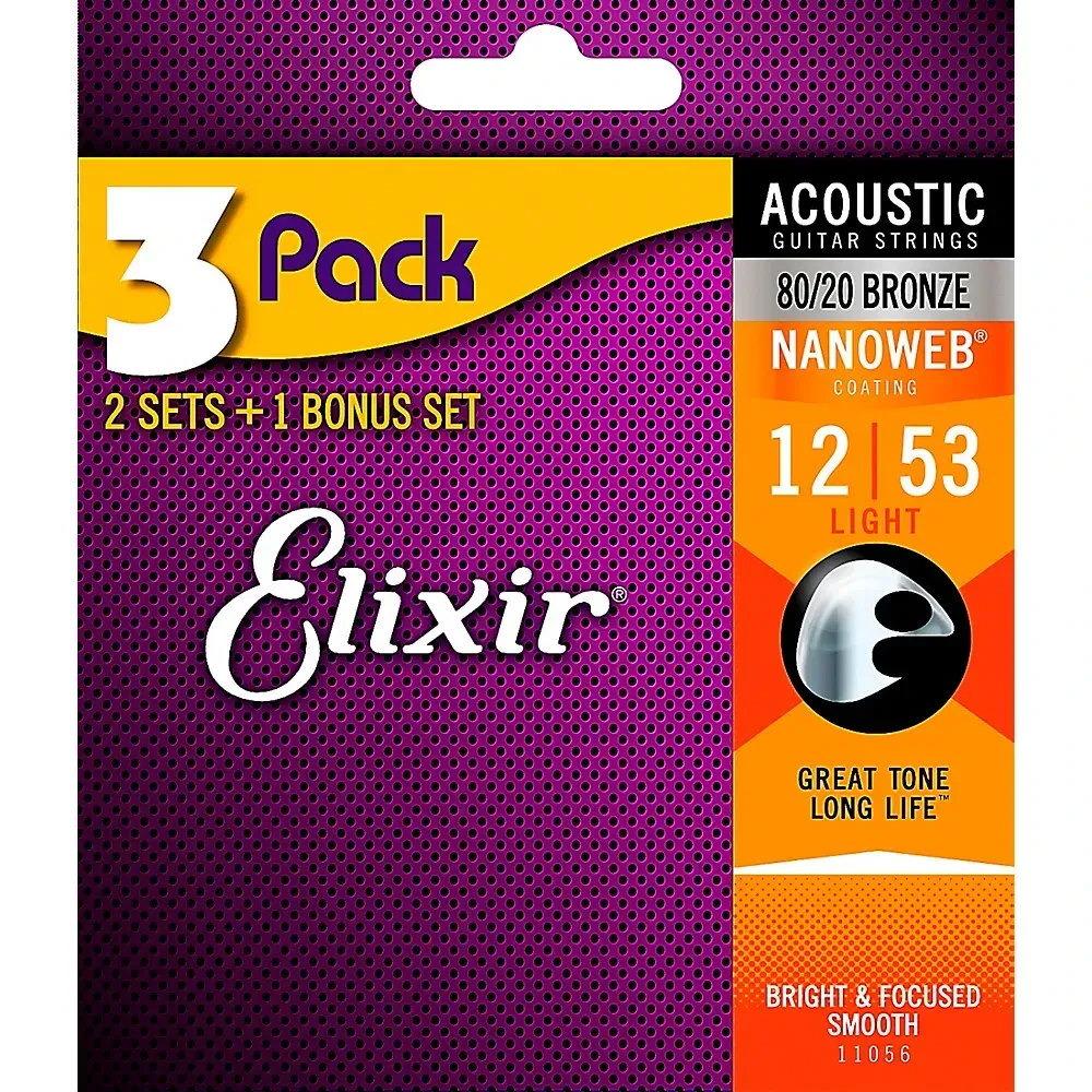 Струны для акустической гитары Elixir 11056 Nanoweb 80/20 Bronze Light 12-53 (3 комплекта)