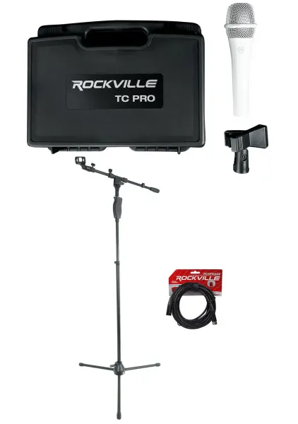 Rockville White Microphone Mic+Stand+Cable+Travel Case For Church Sound Systems