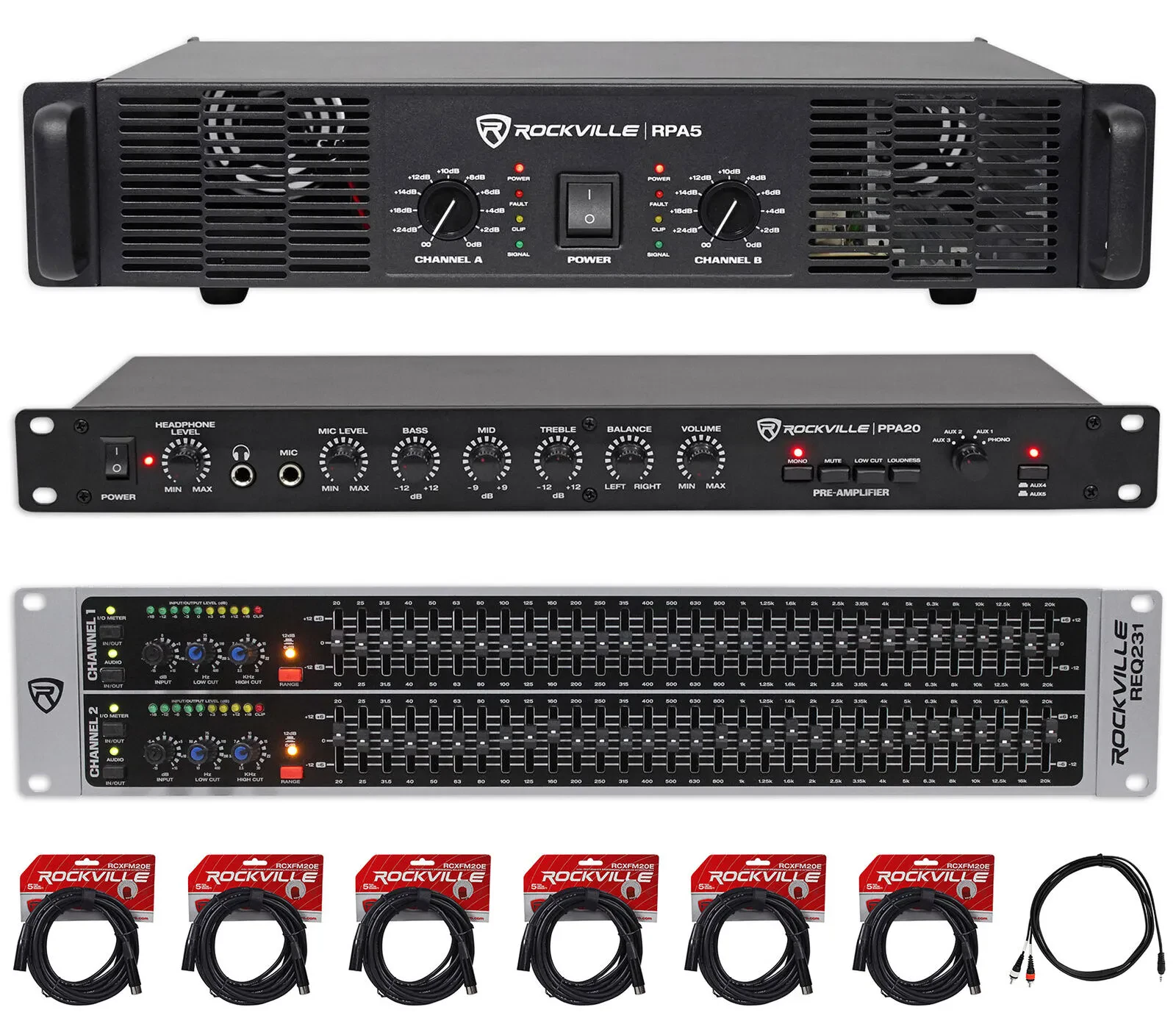 Усилитель мощности Rockville RPA5+PPA20+REQ231+(6) RCXFM20E-B+RNRMR10 2‑канальный 500W RMS, с предусилителем и кроссовером, двухканальный 31‑полосный эквалайзер (набор)