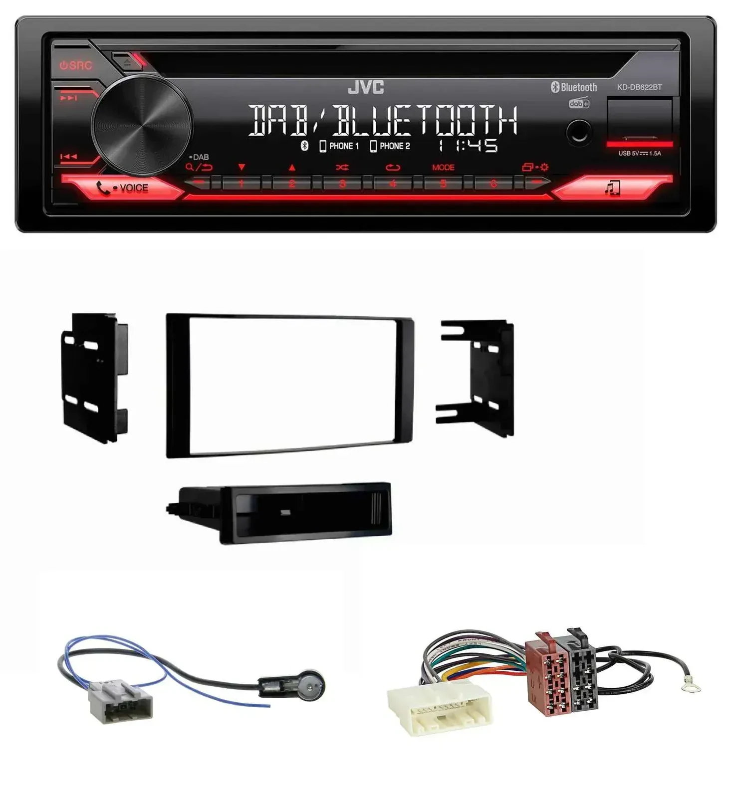 Автомагнитола для Nissan Micra (2013–2017) JVC CD, DAB, USB, Bluetooth, MP3, черный матовый