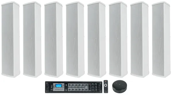 Rockville RCS650-6 70v Commercial Amp+Wifi Receiver+(8) Array Speakers in White