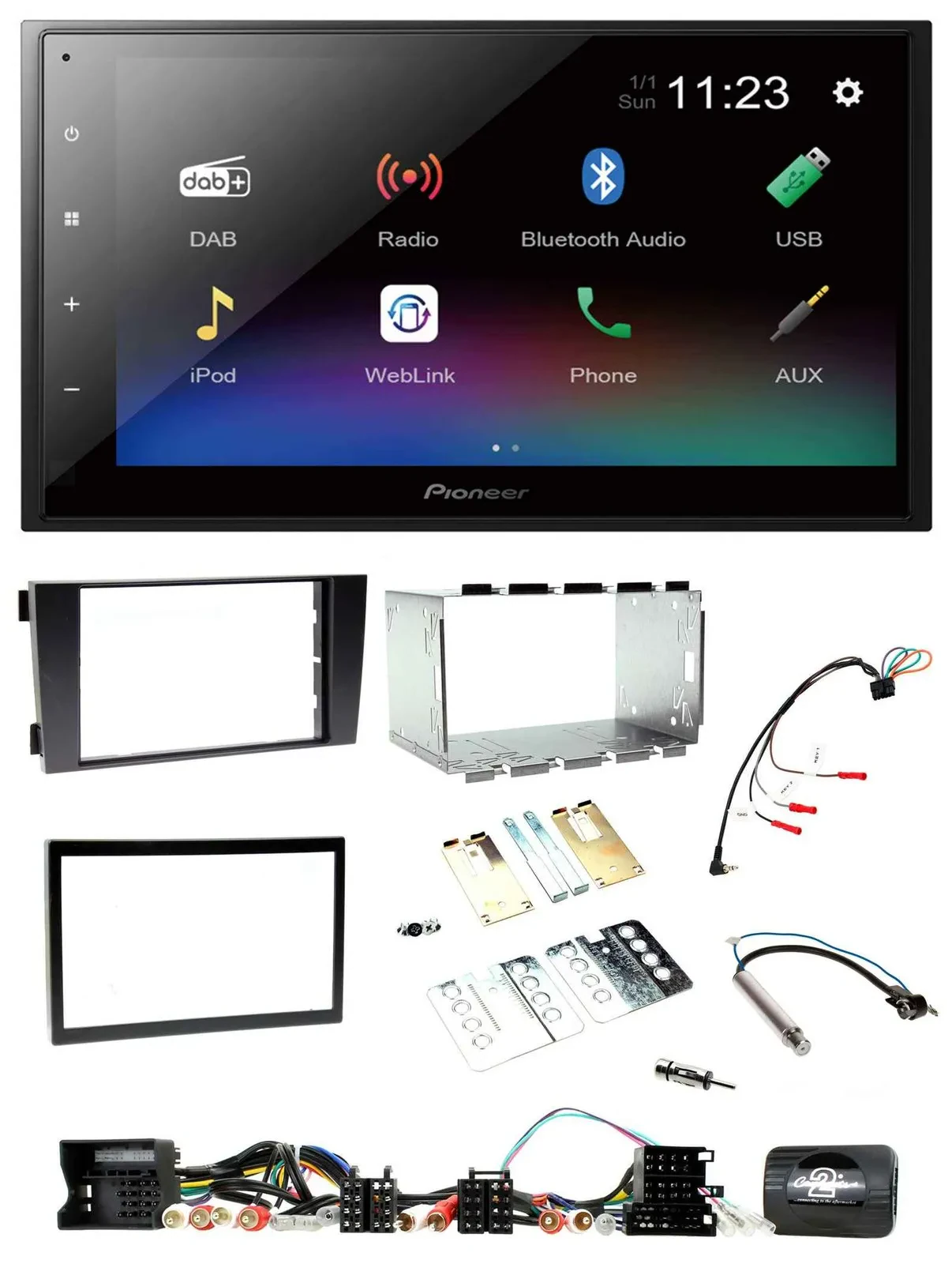 Автомагнитола для Audi A6 C5 2001–2004 Pioneer 2DIN, USB, Bluetooth, DAB, поддержка кнопок на руле