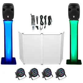 DJ Package w /Dual 12" Bluetooth Speakers+Mic+Tripod+Totem Stands+Facade+Lights