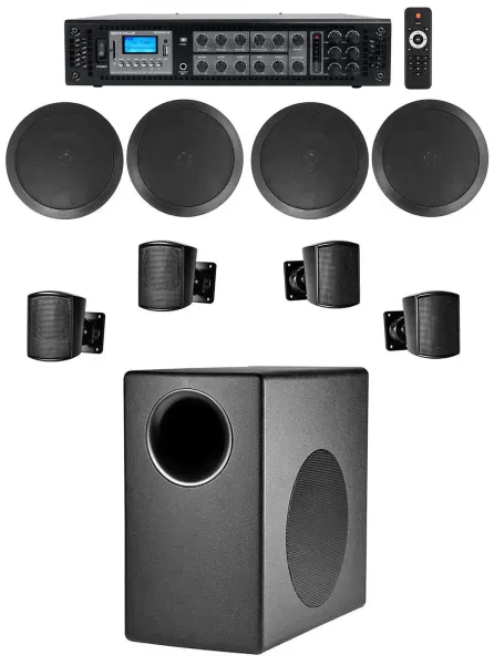 JBL Subwoofer+(4) Satellite+(4) 6.5" Ceiling Speakers+Amp For Office/Store/Gym