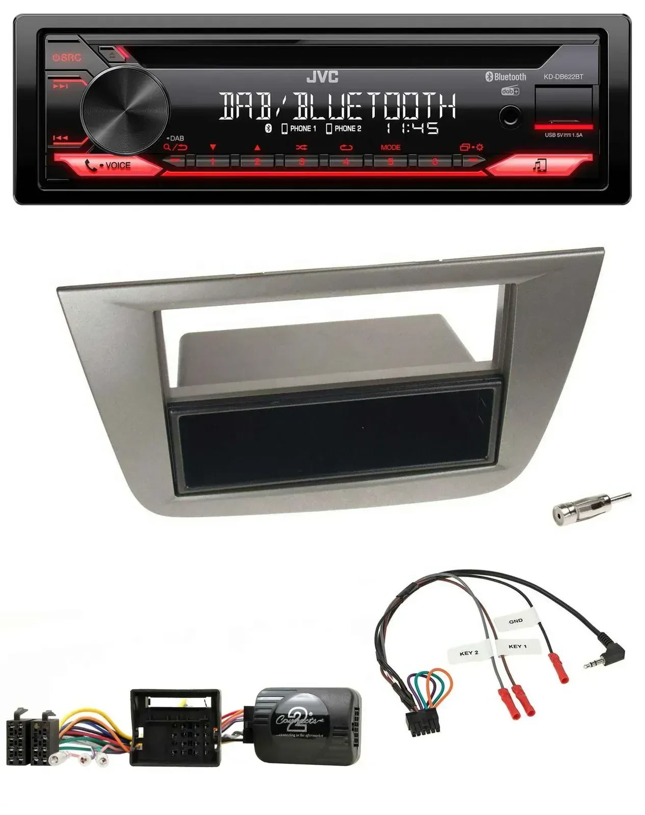 Автомагнитола JVC CD DAB USB Bluetooth для Seat Toledo/Altea 2004–2009, антрацит, совместима с кнопками на руле